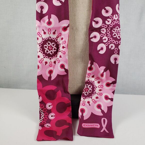 COACH Breast Cancer Awareness Slim Scarf Signature Logo Pink Red Silk Reversible - Picture 3 of 16